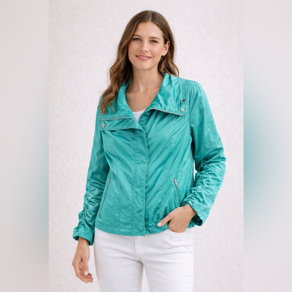 NWT Chico’s Collection Ruched Sleeve Jacket Gulf Shore Green 0 (US Small)